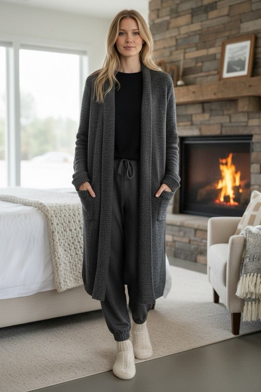 Barefoot Dreams CozyChic Lite Cardigan Womens Large L Black Longline Duster Wrap